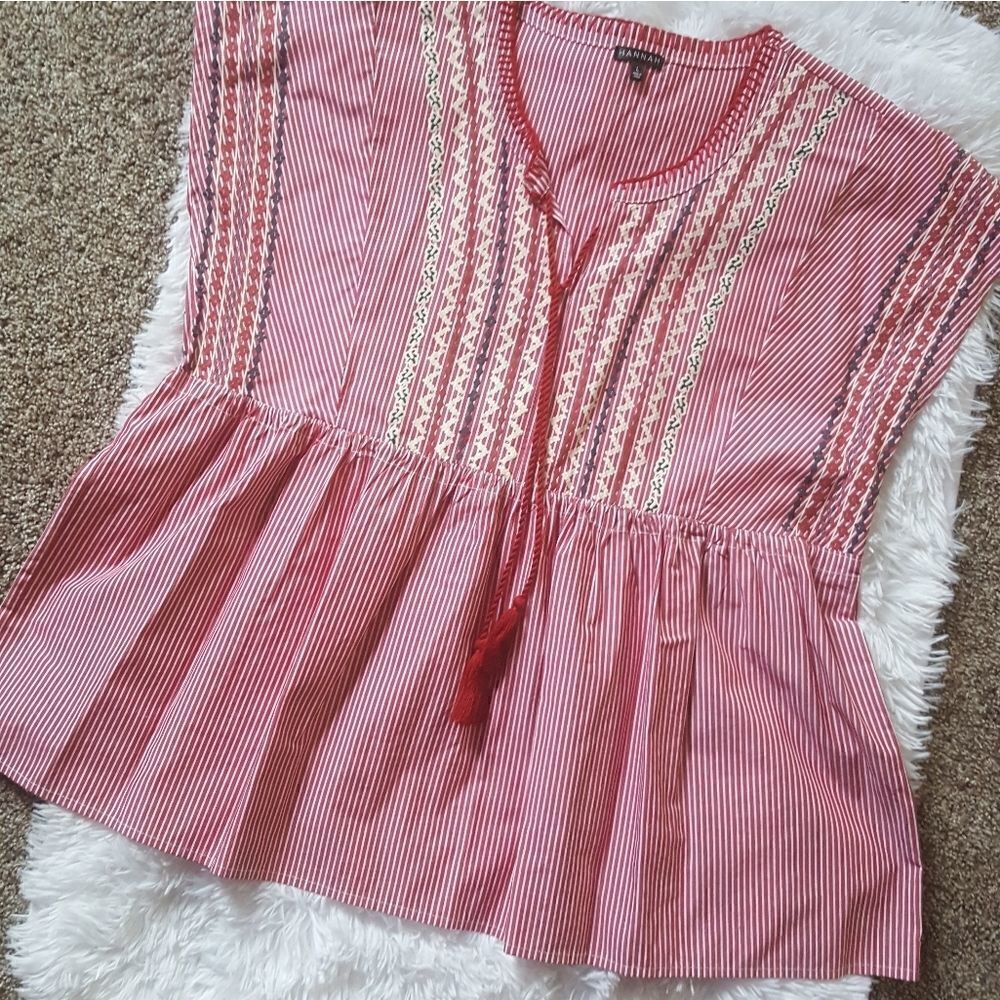 HANNAH Top Red White Striped Embroidered New Womens Size Large